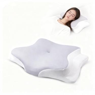 Imagem de Almofada cervical para alívio da dor no pescoço, contorno de espuma viscoelástica para pessoas que dormem de lado e de costas, suporte avançado e conforto, promove alinhamento da coluna vertebral e
