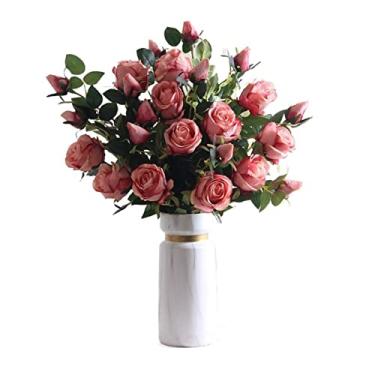 Imagem de Conjunto de buquê de rosas artificiais para ambientes internos, sala de estar, mesa de jantar, arranjo de flores falsas com vaso de cerâmica para uso interno, rosa escuro