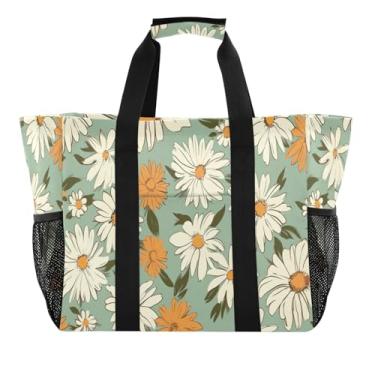 Imagem de Wassud Margaridas amarelas e brancas reutilizáveis sacolas de compras grande bolsa organizadora de lona impermeável para praia, piquenique, lavanderia, viagem