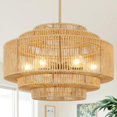 Imagem de GZBEINI Lustre de vime tecido à mão de 23,62 polegadas, lustres de tambor grande de fazenda de 5 andares, luminárias pendentes Boho de 6 luzes para sala de estar, cozinha, foyer corredor, escada