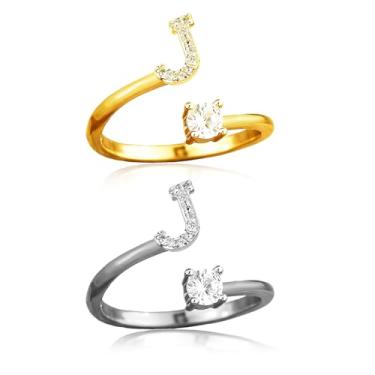 Imagem de ABJFJE Anéis femininos ajustáveis com letras prateadas douradas delicadas zircão cristal inicial empilhável anel moderno joia exclusiva presente 2 peças, Latão, Cristal