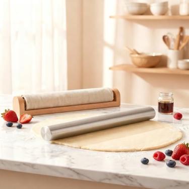 Imagem de Rolo de massa de aço inoxidável liso para assar, fondant, torta de pizza, massa e biscoitos, rolo de metal resistente antiaderente fácil de limpar para uso na cozinha, 25 cm