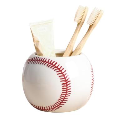 Imagem de Gaolinci Suporte de escova de dentes de cerâmica em forma de beisebol, copos de bancada de banheiro, armazenamento de pincéis de maquiagem