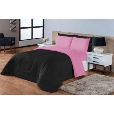 Imagem de Kit Edredom Casal Queen 5 Peças Dupla Face Vermelho e Preto em Microfibra – Toque Macio, Conforto Térmico, Roupa de Cama Completa (PRETO/ROSA)
