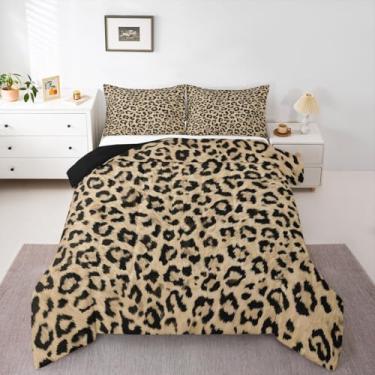 Imagem de jejeloiu Conjunto de cama de leopardo, macio para meninos e meninas, guepardo, Queen, de pele de vaca, edredom de microfibra, animal selvagem, decoração de quarto, 3 peças com 2 fronhas
