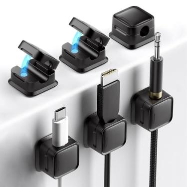 Imagem de Pacote com 6 suportes organizadores de cabos, adesivo forte para gerenciamento de cabos de mesa magnético fácil de abrir, organiza cabos de carregamento de telefone, organizador de fios perfeitamente