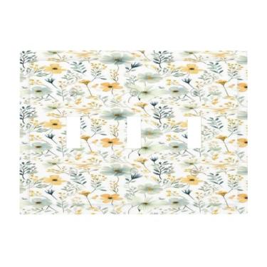 Imagem de Naiqadnehz Placa decorativa para interruptor de luz, branco, quente, aquarela, floral, 3 grupos, placa de parede com interruptor triplo, capa de tomada elétrica para decoração de quarto e sala de