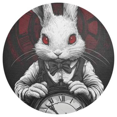 Imagem de Jogo americano de relógio de coelho branco círculo conjunto de 1 jogo americano redondo de PVC tapete de mesa de jantar de 38 cm resistente ao calor para festa de Natal