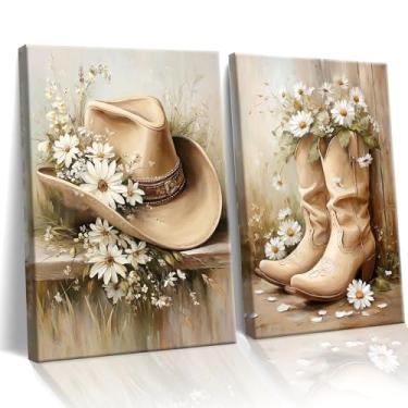 Imagem de Conjunto de 2 peças emoldurado floral cowgirl calçado lona arte de parede, chapéu de cowboy e botas impressões em tela, para meninas quarto sala de estar dormitório 30,5 x 40,6 cm