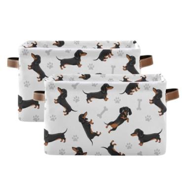 Imagem de Organizador de roupas de tecido de lona – Caixas de armazenamento decorativas dobráveis dobráveis para banheiro, roupas fofas para cachorro dachshund branco, pacote com 2