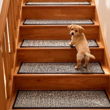 Imagem de Tapetes de escada para degraus de madeira internos, 20 x 76 cm antiderrapante para degraus de madeira com adesivo reutilizável - pacote com 15 (preto), seguro para crianças, idosos, animais de