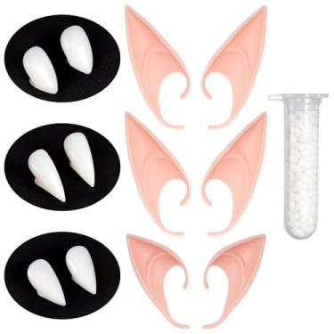 Imagem de HFATMOS 3 pares de orelhas de elfo, 3 pares de dentes de vampiro, orelhas de dentes falsos para baile de máscaras de Halloween, cosplay, acessórios de fantasia