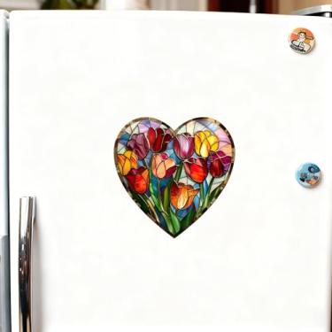 Imagem de Ímã de geladeira acrílico em forma de coração em forma de tulipa vibrante, 8 cm, estilo de vidro colorido, adesivo magnético criativo para cozinha doméstica, presente de festival e lembrança/AX-03
