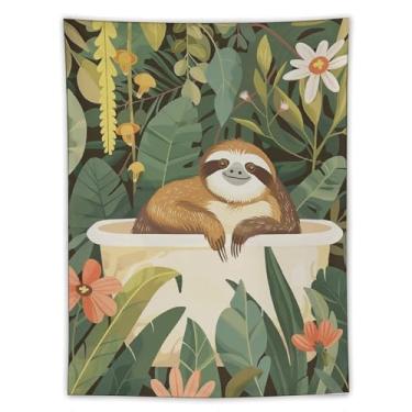 Imagem de Tapeçaria de parede de plantas selvagens preguiça na banheira decoração de animais peculiares arte da natureza fofa para banheiro quarto aconchegante boho enfeite de pendurar cena encantadora 152 x