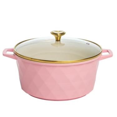 Imagem de Forno holandês com tampa, ferro fundido esmaltado 7 Qt, rosa com detalhes dourados, exterior com padrão de diamante