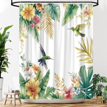 Imagem de YOZSLGU Cortina de chuveiro com folhas tropicais beija-flor folhas de palmeira verde pássaro floral primavera aquarela tecido branco decoração de banheiro cortinas com ganchos, 177,8 cm L x 170 A