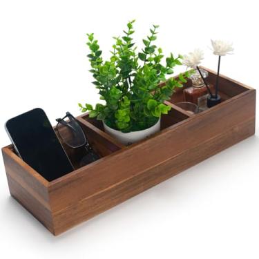 Imagem de Cesta de banheiro de madeira, cesta de vaso sanitário de madeira de acácia, caixa de armazenamento de madeira com 3 compartimentos para organizador de banheiro (42 x 14 x 9 cm)