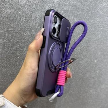 Imagem de Capa com suporte de anel giratório e cordão para iPhone 16, 15 Pro Max, 14 Plus, 11, 13 e 12, alça de pulso, capa deslizante para câmera, roxa, para iPhone 14 Pro Max