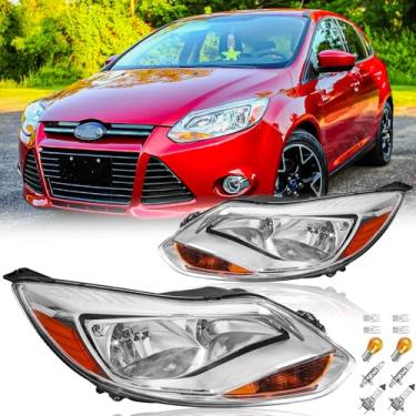 Imagem de Conjunto de faróis com lâmpadas para Ford Focus (3ª geração pré-fáceis) 2012 2013 2014 Faróis de cabeça de halogêneo, substituição do lado do motorista e do passageiro, refletor âmbar cromado