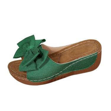 Imagem de Pantufas femininas modernas, casuais, estilo verão, cor sólida, boca de peixe, sola grossa, Verde, 39