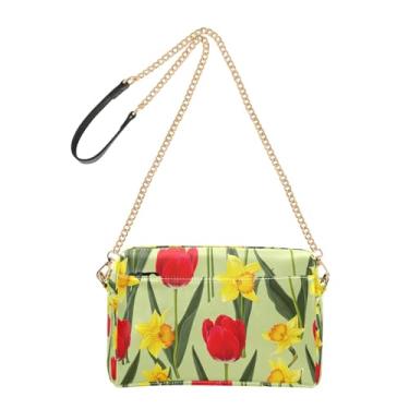Imagem de Joitme Bolsa feminina transversal para telefone linda alça de corrente de couro PU bolsa de ombro tulipas vermelhas narcisos amarelos
