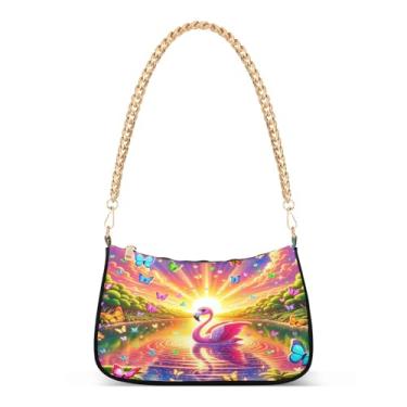 Imagem de Bolsa de ombro com corrente do pôr do sol do lago flamingo com desenho animado para mulheres, bolsa Hobo colorida com estilo clutch e capacidade de carteira de telefone