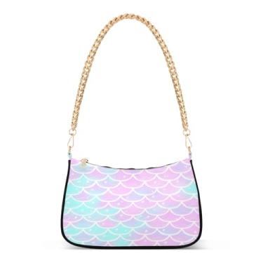 Imagem de Bolsa de ombro com corrente rosa macia gradiente sereia pastel, linda bolsa Hobo média para mulheres, bolsa clutch moderna para todos os dias ou à noite