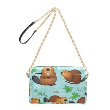 Imagem de Joitme Bolsa feminina tiracolo para celular, linda bolsa de ombro de couro PU, alça de corrente, estampa de animais selvagens de castores fofos