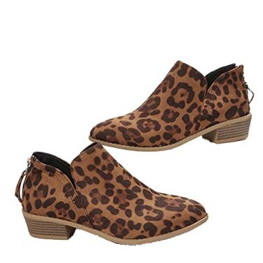 Imagem de JITUUE Botas de cano curto para mulheres, vestido casual feminino, botas de salto baixo. Sapatos modernos com design de salto grosso com corte em V, Leopardo, 8.5
