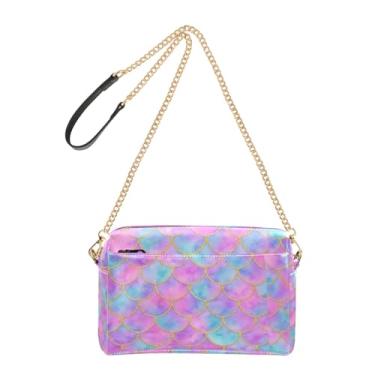 Imagem de Joitme Bolsa feminina tiracolo gradiente escama sereia rosa azul-petróleo bolsa para celular linda bolsa de ombro de couro PU com alça de corrente