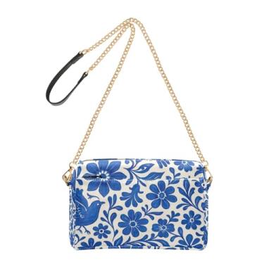 Imagem de Joitme Bolsa de ombro feminina transversal azul branca floral pássaros bolsa de ombro fofa de couro PU com alça de corrente