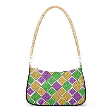 Imagem de Bolsa de ombro com corrente roxa dourada com diamante rômbico brilhante, bolsa feminina moderna Hobo para uso diário ou festa