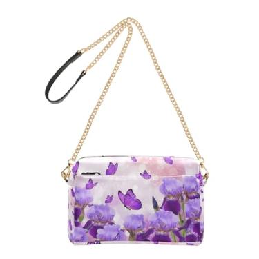 Imagem de Joitme Bolsa de ombro feminina transversal para telefone linda estética roxo claro borboletas PU bolsa de ombro com alça de corrente
