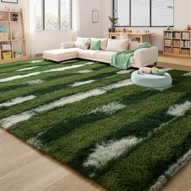 Imagem de FALARK Tapete felpudo fofo verde branco listrado, 1,2 x 1,8 m, retangular, felpudo, para sala de estar, carpete macio e felpudo para quarto, tapete lavável antiderrapante para uso interno, decoração