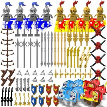 Imagem de Kit de acessórios para armas de minifiguras, conjunto de armas de cavaleiro, incluindo escudo de capacete de armadura para cavalos projetados para minifiguras compatíveis com miniaturas de todas as principais marcas (arma medieval)
