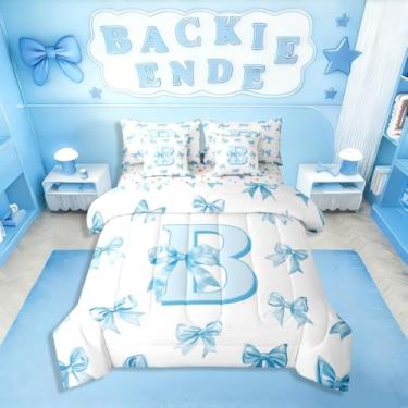 Imagem de Erosebridal Conjunto de edredom solteiro com inicial B personalizado para meninas, lindo conjunto de cama com laço azul, 7 peças, para crianças, adolescentes, estilo princesa, kawaii, conjunto de cama