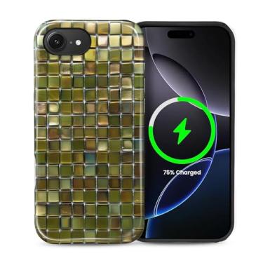 Imagem de ZHEGAILIAN Capa magnética para iPhone 16e, compatível com capa dura MagSafe + silicone macio 2 em 1 híbrido à prova de choque capa protetora contra quedas verde-oliva mosaico falso azulejo