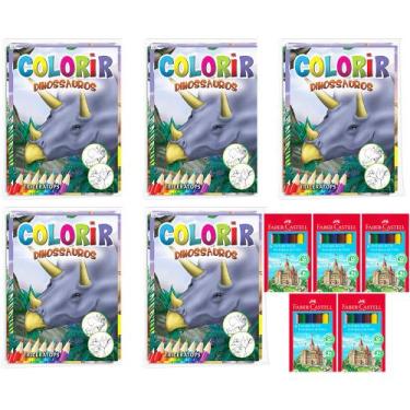 Imagem de Kit 40 Livros Para Colorir Dinossauros + 5 Caixa Mini Lápis de Cor Ide