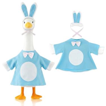 Imagem de LANGFON Roupa de ganso para varanda de coelhinho da páscoa para estátua de ganso de cimento ou plástico de 58 cm, roupa de ganso do dia da páscoa, chapéu de coelho azul, saia felpuda e gravata