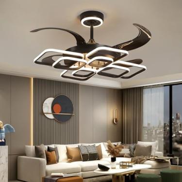 Imagem de Ventilador de teto moderno com luminária, silencioso, com controle remoto e intensidade regulável, ideal para sala de estar, quarto, mezanino e sala de jantar. Luminária pendente preta (Esti