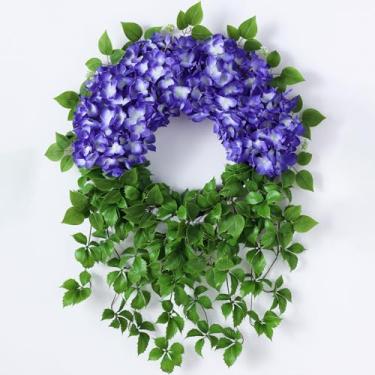 Imagem de Guirlanda de hortênsia artificial para porta da frente do lado de fora – Hortênsia falsa de toque real, guirlanda de flores para primavera, verão, para decoração de casa de fazenda, janela de cornija