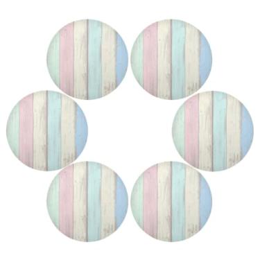 Imagem de Wassud Jogo americano conjunto de 6 tapetes redondos de textura de madeira arco-íris para cozinha e jantar tapetes laváveis resistentes ao calor para decoração de mesa 39 cm