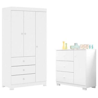 Imagem de Cômoda Infantil com Guarda Roupa 3 Portas Duda Branco Brilho  Phoenix 