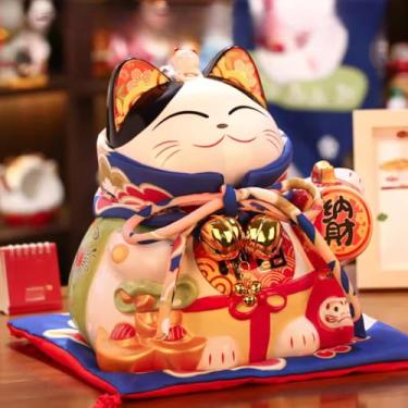 Imagem de FENNYYAR Mascote de gato de riqueza estilo japonês de cerâmica azul polaina, 30 cm, 30 cm, estátua de decoração de casa de gato da sorte