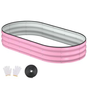 Imagem de Patiobay Canteiro de jardim elevado, 1,8 x 0,9 x 0,3 m, galvanizado para uso externo, com bordas e luvas de segurança, caixa oval de metal para jardinagem, legumes, flores, erva e flor rosa