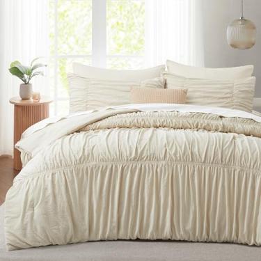Imagem de Oli Anderson Conjunto de edredom franzido, tamanho solteiro, 3 peças, fofo, com design elástico, vintage, boêmio, casa de fazenda, estilo rústico, decoração de quarto para todas as estações - bege