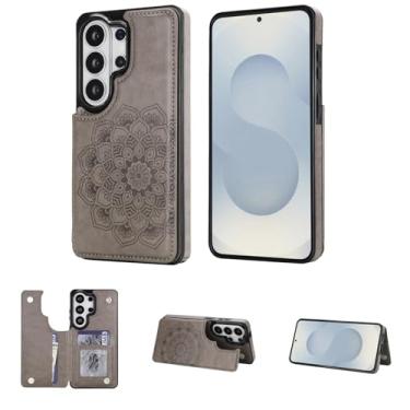 Imagem de Capa carteira para Samsung Galaxy S26 Ultra, fecho magnético com compartimentos para cartões e suporte, capa protetora fina com acabamento anti-impressão digital e design mandala (cinza)