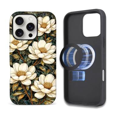 Imagem de ZHEGAILIAN Capa compatível com iPhone 16 Pro Max, capa de telefone com design vintage de flores de vidro colorido, [compatível com MagSafe], capa rígida híbrida de 2 camadas para meninas meninos
