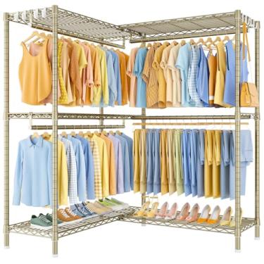 Imagem de ULIFHOME E15 Pro Suporte de roupas em forma de L para canto, suporte independente para pendurar roupas, sistema de armário resistente com 4 varões de pendurar e 8 ganchos S, 122 cm L x 48 cm P x 192