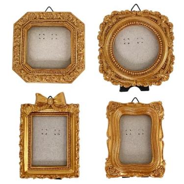 Imagem de MiOYOOW 4 peças de mini porta-fotos, suportes de exibição pequenos vintage de resina com gancho esculpido em ouro e pendurado, para decoração de casa, decoração de casa, enfeites de árvore de Natal